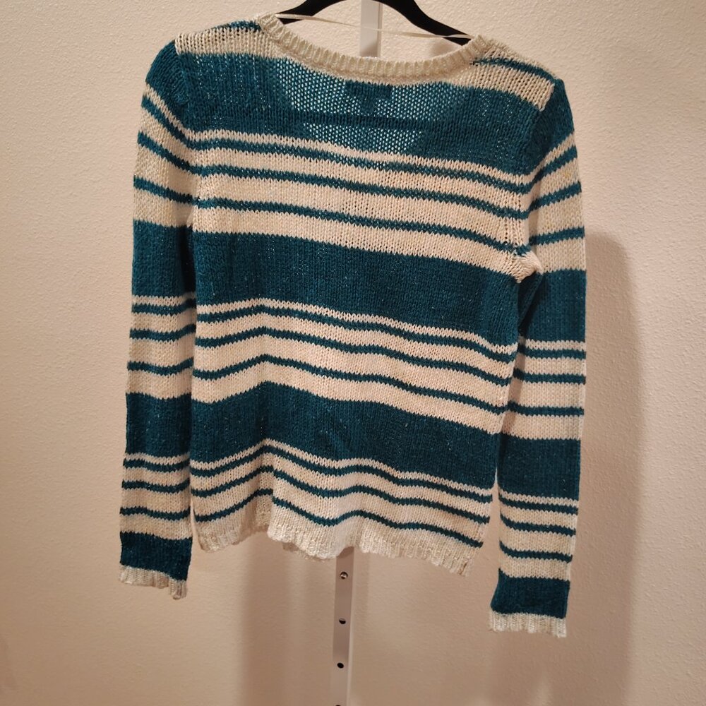 St. John's Bay Women's V-Neck Sweater Teal White Stripes Mesh Style Size Medium - Picture 10 of 10